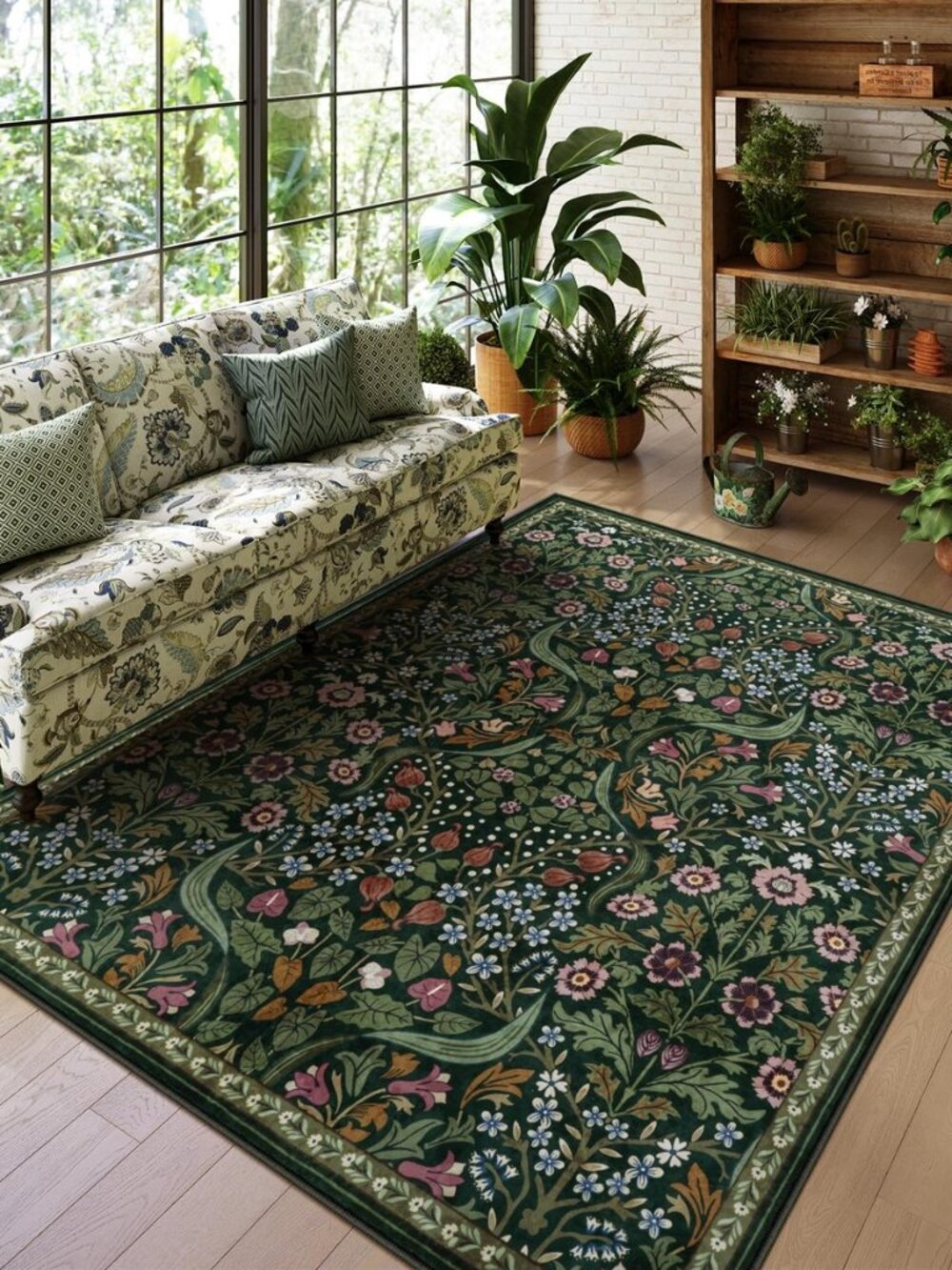 Green Floral 5x7 Rug, Washable Botanical Area Rug for Living Room